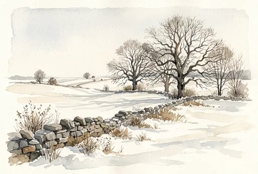 Watercolor Winter Countryside With Stone Wall
