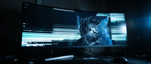 Smashed Curved Ultrawide Monitor in Dark Room
