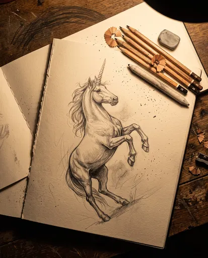 Graphite Unicorn Sketch on Artist Desk