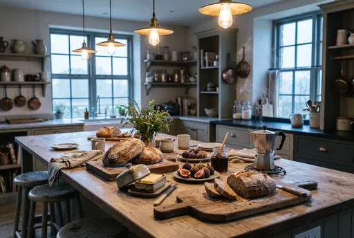 Rustic Kitchen Island Artisanal Breakfast Spread