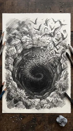 Charcoal Sketch of Bats Leaving Sinkhole