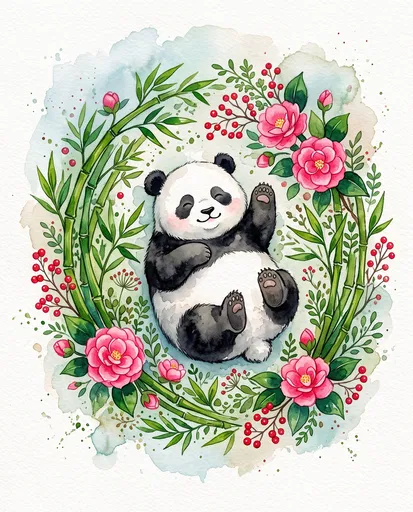 Cute Watercolor Panda in Floral Bamboo Wreath