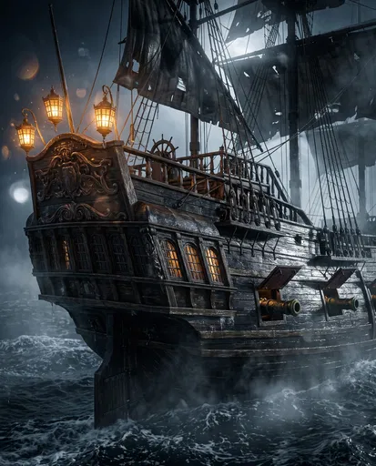 Dark Pirate Galleon Stern at Night
