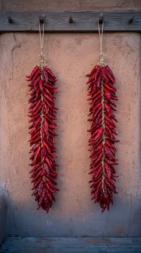 Twin Red Chili Ristras on Adobe Wall