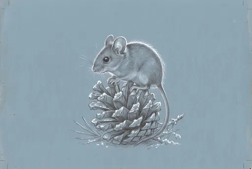 Silverpoint Drawing of Mouse on Pinecone