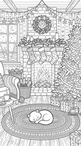 Cozy Christmas Kitten Fireplace Coloring Page