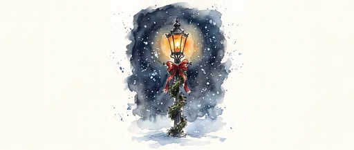 Watercolor Victorian Christmas Streetlamp in Snow
