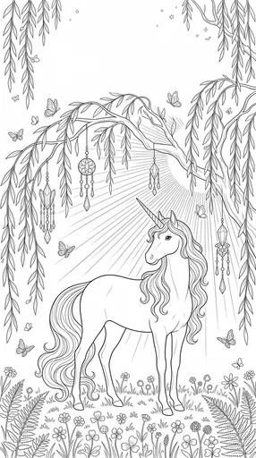 Unicorn Under Willow Tree Coloring Page