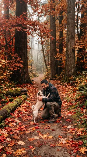 Man Hugging Pug on Autumn Trail