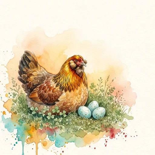 Watercolor Hen With Three Blue Eggs