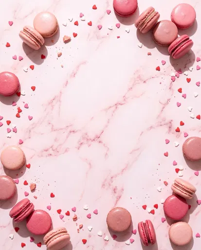 Pink Macarons and Hearts on Marble