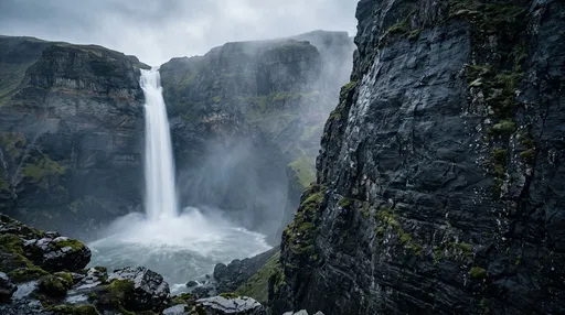 Misty Canyon Waterfall with Dark Cliff
