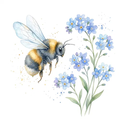 Watercolor Bumblebee and Forget-Me-Not Flowers