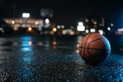 Basketball on Wet Asphalt at Night