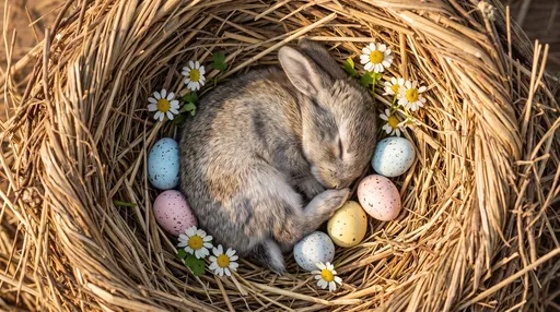 Sleeping Baby Rabbit in Easter Nest