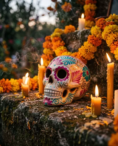 Painted Ceramic Calavera Skull on Altar