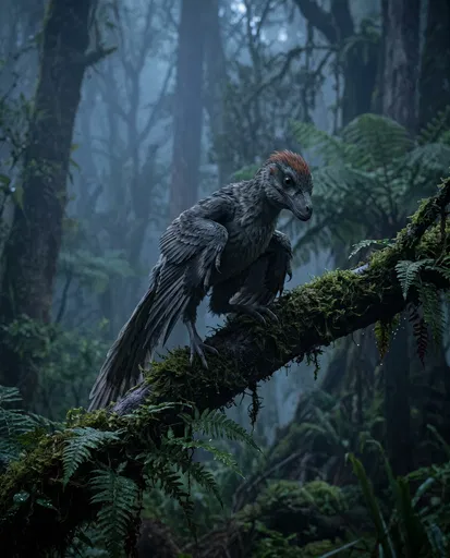 Feathered Dinosaur Perched on Mossy Branch