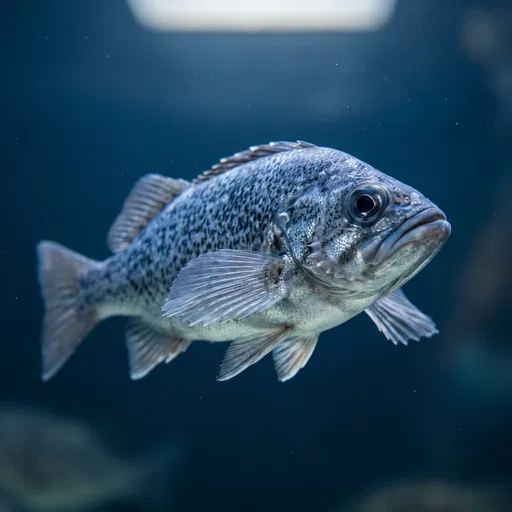 Blue Rockfish Swimming in Dark Aquarium