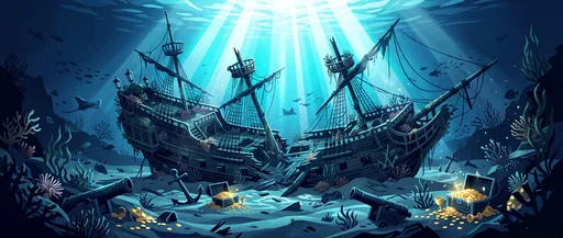 Underwater Pirate Shipwreck and Sunken Treasure Illustration