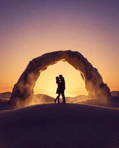 Couple Kissing Under Desert Arch at Sunset
