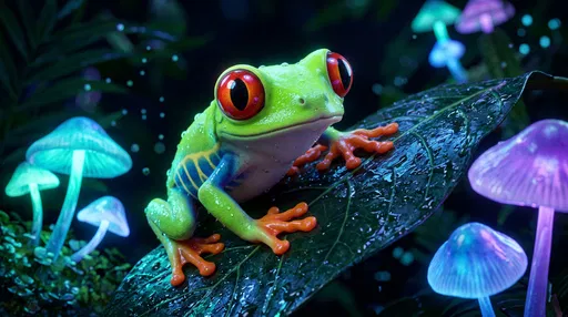 Cute Tree Frog with Glowing Mushrooms