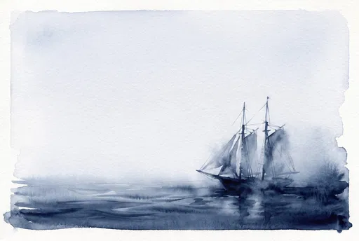 Indigo Watercolor Schooner on Calm Sea