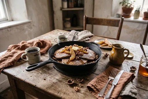Buckwheat Pancakes With Pears in Skillet
