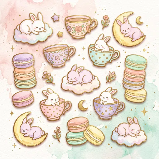 Pastel Bunny and Teacup Pin Illustrations