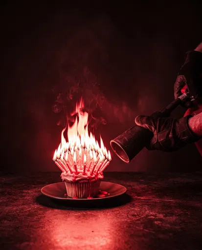 Fire Extinguisher Aimed at Blazing Birthday Cupcake