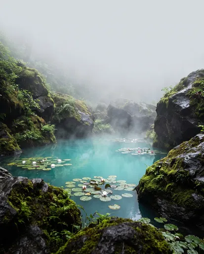 Misty Turquoise Lily Pond Among Mossy Boulders