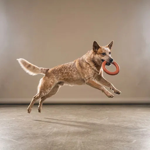 Red Heeler Dog Leaping With Toy