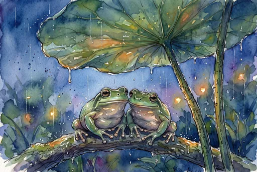 Two Frogs Under Lotus Leaf in Rain