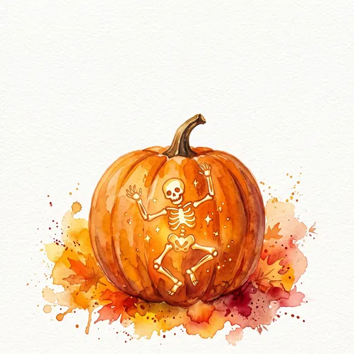 Watercolor Pumpkin with Dancing Skeleton Motif