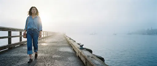 Woman Walking on Misty Morning Pier