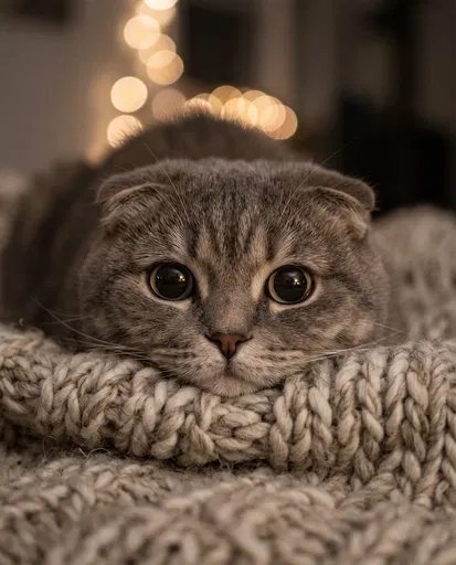 Scottish Fold Cat on Knit Blanket