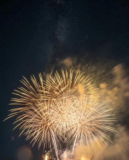 Golden Fireworks Under Starry Night Sky