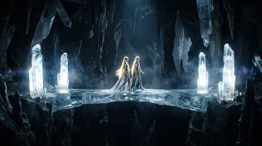 Blonde Figures Crossing Glowing Crystal Bridge