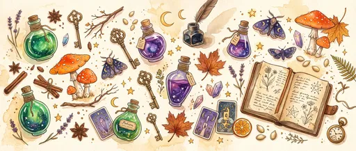 Watercolor Halloween Apothecary Flat Lay Illustration