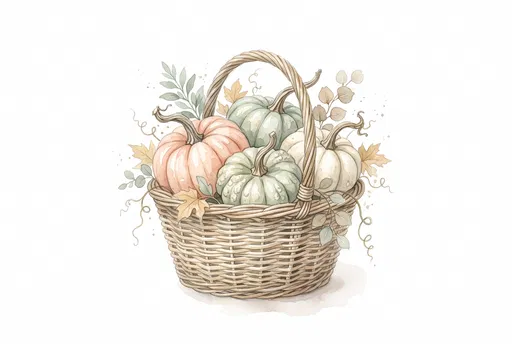 Watercolor Basket of Pastel Heirloom Pumpkins
