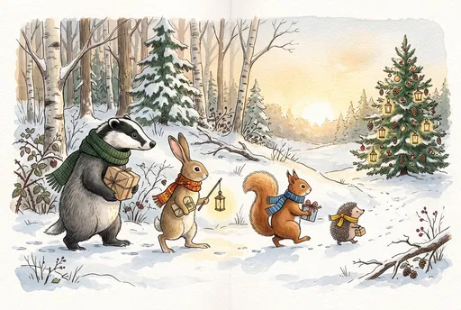 Woodland Animals Walking Toward Christmas Tree