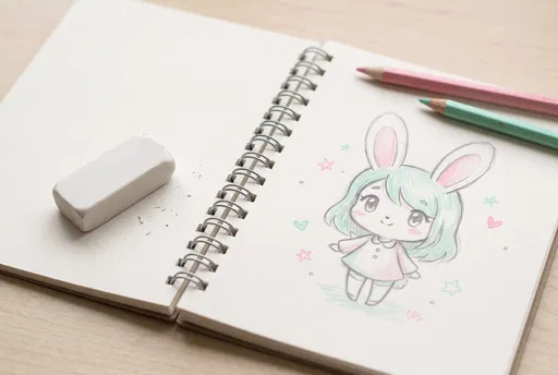Chibi Bunny Girl Sketch in Open Notebook