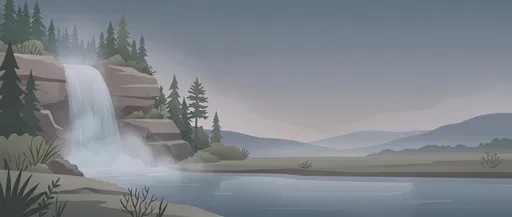 Muted Flat Illustration of Misty Waterfall Landscape