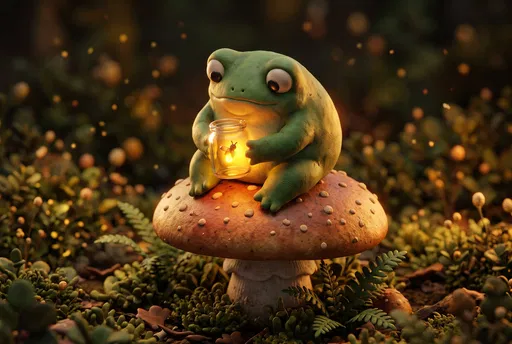 Clay Frog Holding Glowing Firefly Jar