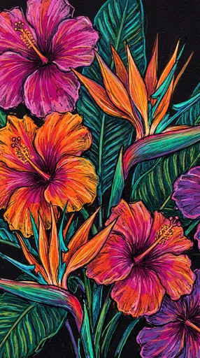 Vibrant Tropical Floral Oil Pastel Illustration