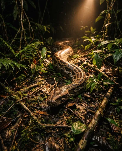 Burmese Python on Dark Rainforest Floor