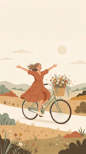 Happy Woman Riding Vintage Bicycle Illustration