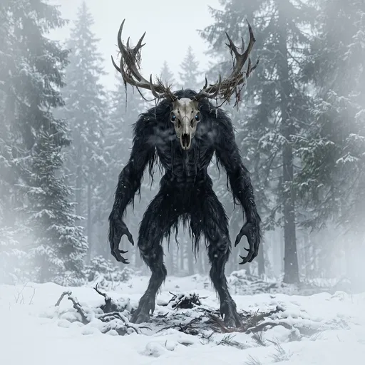 Deer Skull Cryptid in Snowy Forest