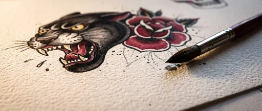 Traditional Panther and Rose Tattoo Flash Art
