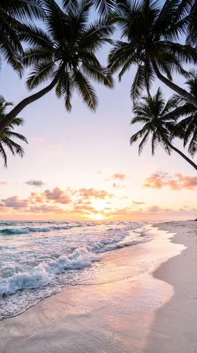 Tropical Beach Sunrise Framed by Palm Trees