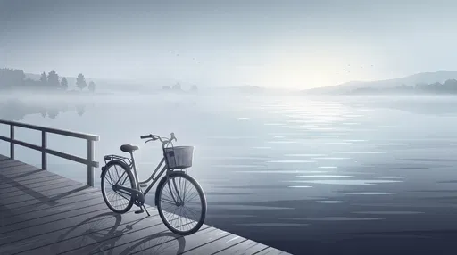 Bicycle Parked on Misty Lakeside Boardwalk